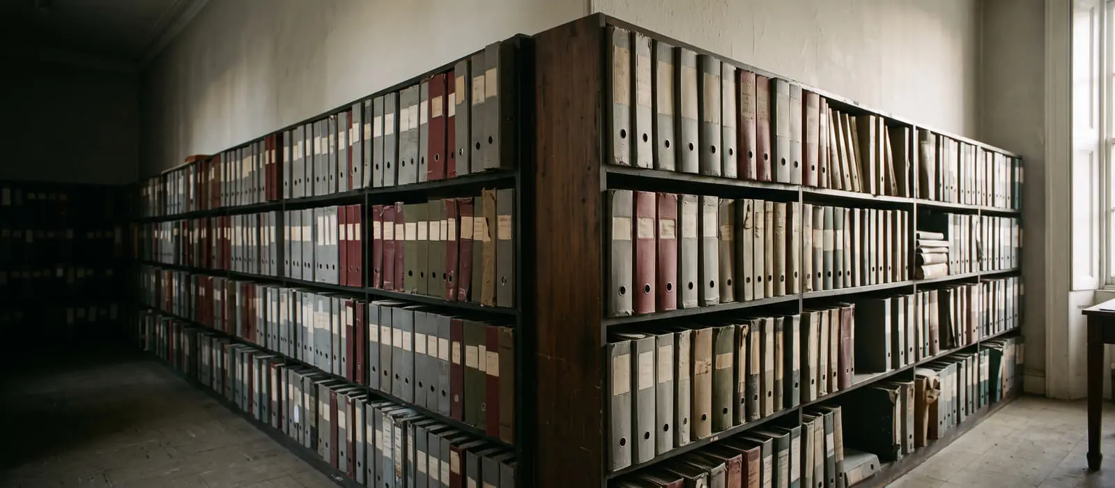 A long run of office shelving: company files kept year by year, back into the shadow.